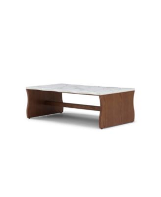 Whisper of Waves Modern Coffee Table, White Faux Marble, Walnut Brown
