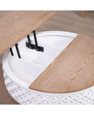 Streamdale Round Coffee Table with Storage Lift-Top Accent Table, White Carved Base