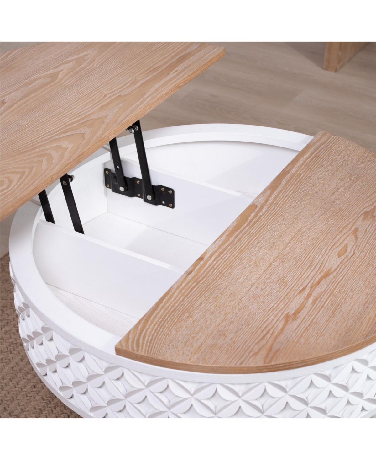 Streamdale Round Coffee Table with Storage Lift-Top Accent Table, White Carved Base