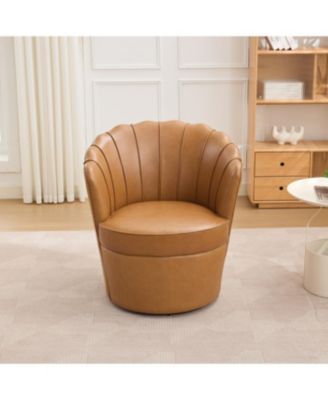 Streamdale Light Brown Petal Swivel Chair - 360 Spin, Genuine Leather Wing-Back Desk Chair