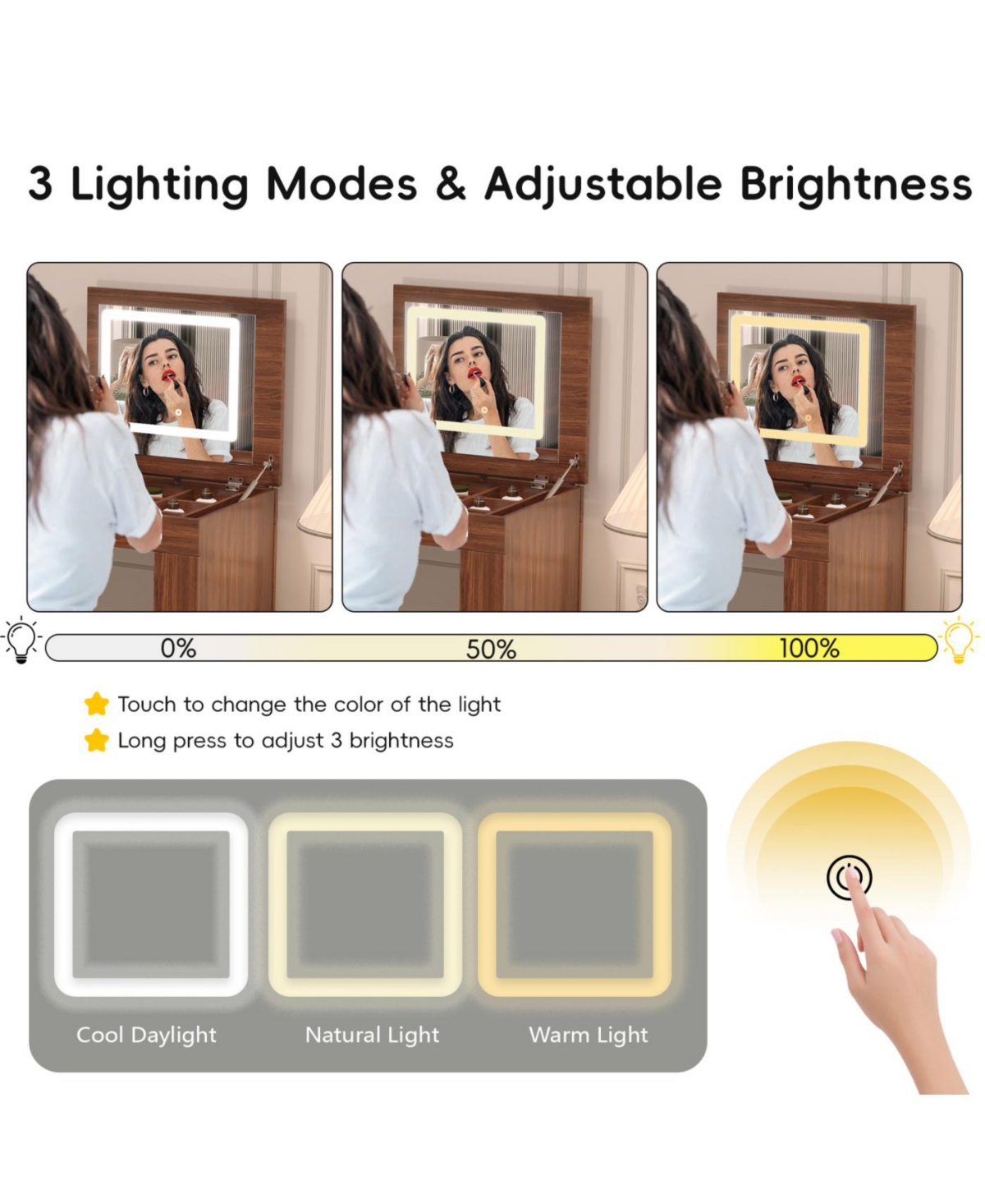 Streamdale Furniture Streamdale Vanity Desk with Mirror, Lights, Flip-Top, 7 Drawers, 9 Compartments, 3 Shelves, Walnut