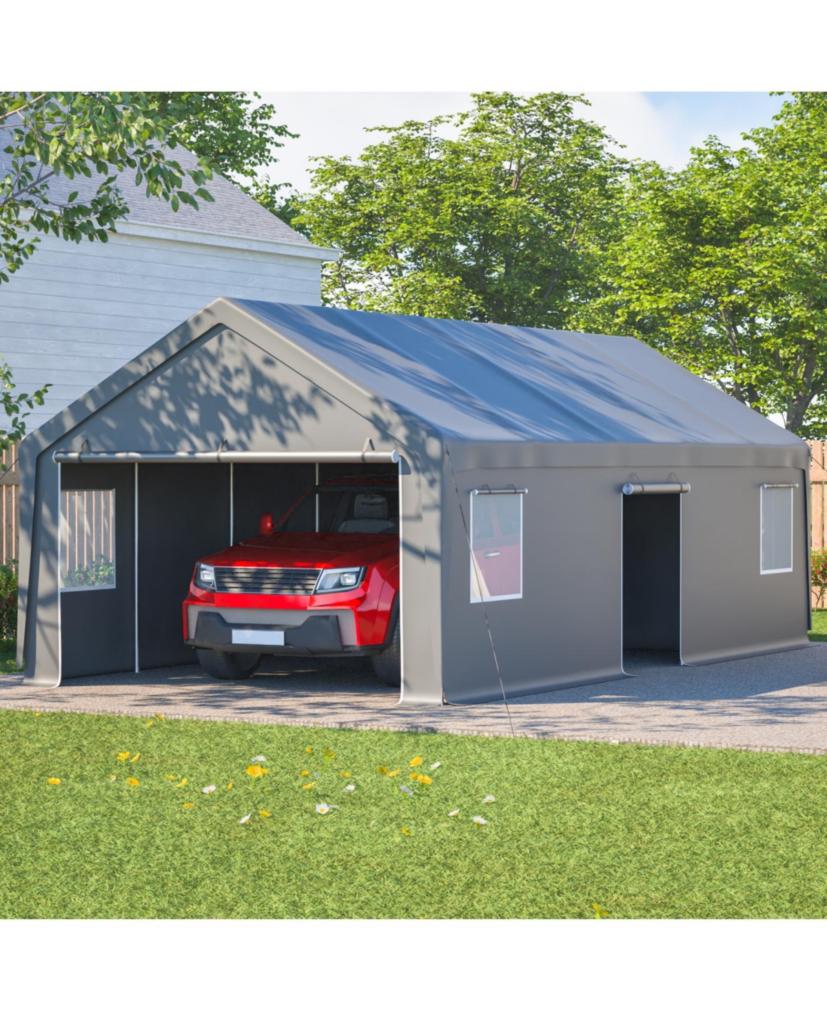Streamdale Furniture Streamdale 13x26 Ft Heavy Duty Carport Canopy w/ Roll-Up Doors, Removable Walls & Windows