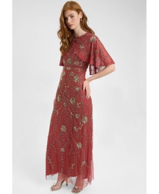 Women's Embellished Sequin Beaded Maxi Dress With Boat Neckline With Cape-Style Short Sleeves