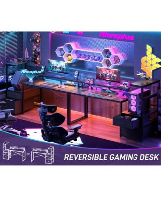 Gaming Desk with Outlets and LED Light, 59'' Reversible Computer Desk with File Drawers & Monitor Stand
