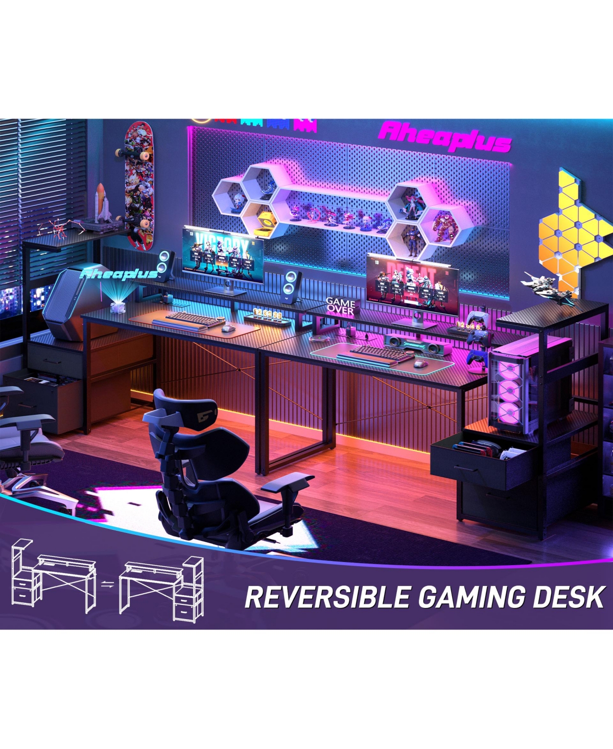 Aheaplus Gaming Desk with Outlets and Led Light, 59'' Reversible Computer File Drawers & Monitor Stand