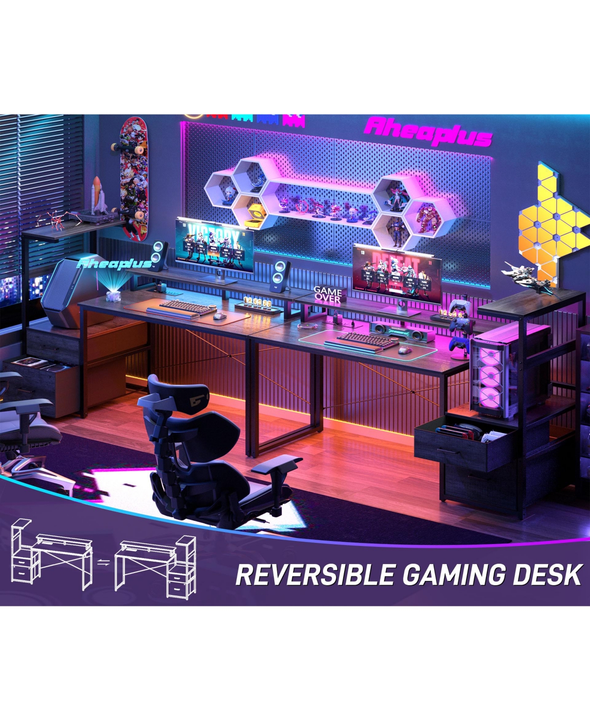 Aheaplus Gaming Desk with Outlets and Led Light, 59'' Reversible Computer File Drawers & Monitor Stand