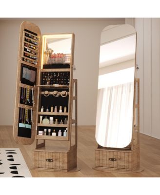 Arched LED Jewelry Armoire with Mirror and Drawers