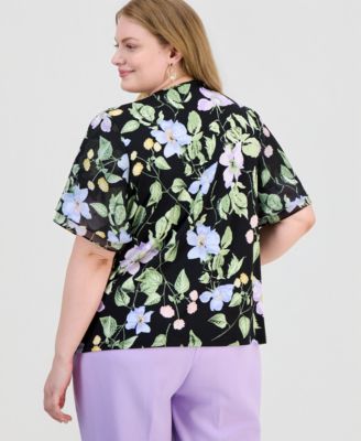 Plus Size Floral-Print Flutter-Sleeve Top