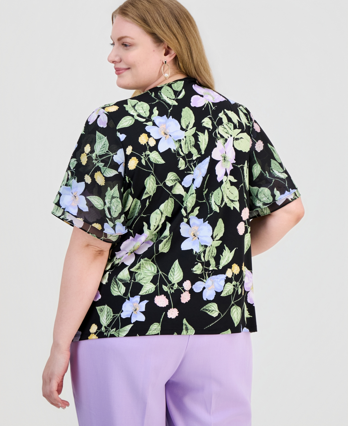 Kasper Plus Floral-Print Flutter-Sleeve Top