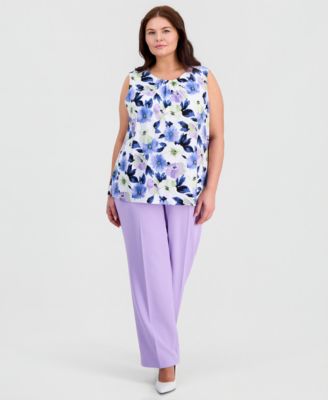 Plus Size Sleeveless Shirred Floral Shell