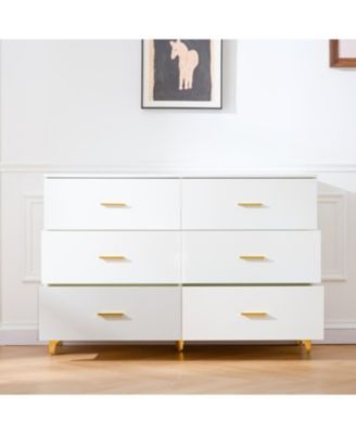 Six drawers, golden straight aluminum handle, golden triangle legs, white locker