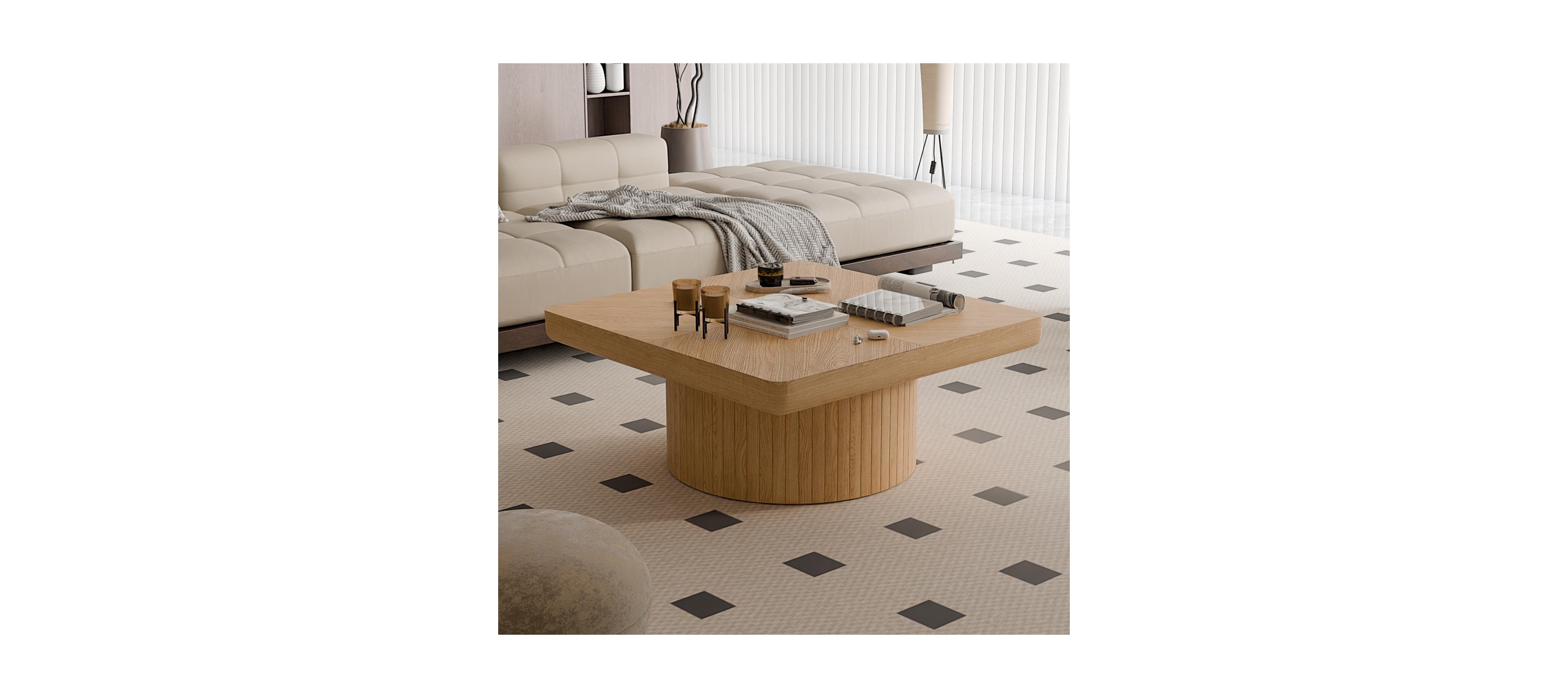 Streamdale Furniture Streamdale 34.6" Square Coffee Table, Modern Wood Veneer Top with Parquet Pattern & Cylindrical Base