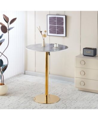 Modern Gold Bar Table Set with 2 Adjustable Stools, Round Marble Pub Table