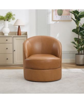 Light Brown Leather Swivel Chair, Mid-Century Modern Lounge Chair