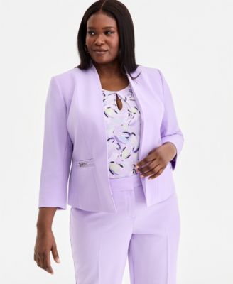 Plus Size 3/4-Sleeve Seamed Crepe Open-Front Jacket