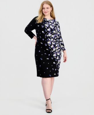 Plus Size Floral Print 3/4-Sleeve Sheath Dress