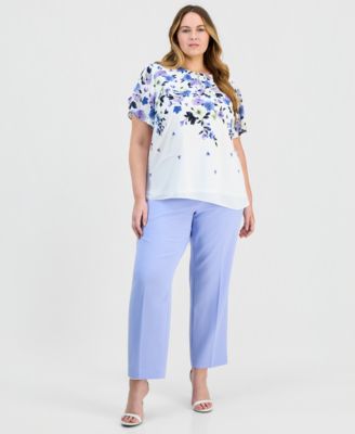 Plus Size Placed-Floral Tulip-Sleeve Blouse