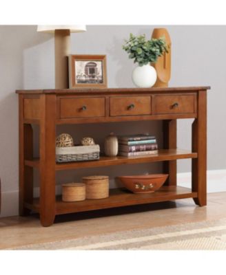 48" Solid Pine Wood Console Table with 3 Drawers & 2 Shelves (Brown)