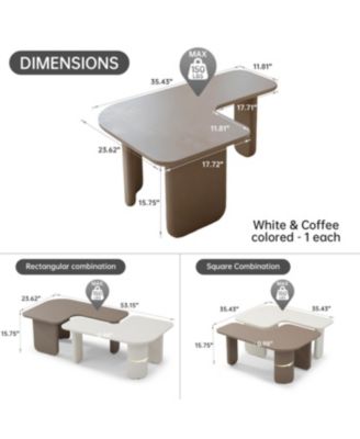 2 Pcs Modern Modular Coffee Table Set, Farmhouse Tables w/ Multi-layer Paint, Khaki+White