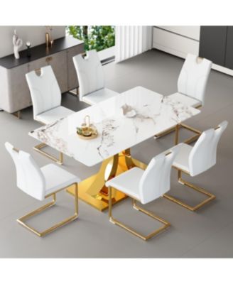 Marble-Veined Glass Dining Set w/ Gold Accents: 63" Table & 6 U-Shaped Armchairs