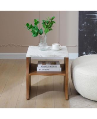 of Waves Modern End Table w/ Storage Shelf, Faux Marble Top, Walnut Brown