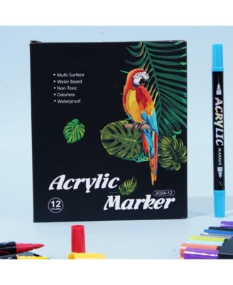 12 Colors Dual Tip Markers, Fast Drying Colorable Acrylic Brush Markers for Wood, Canvas, Rock, Fabrics and Glass