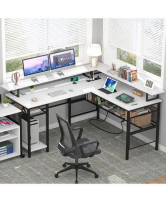 L Shaped Computer Desk with Power Outlets, 55 Inch Corner Desk with LED Lights, Monitor Stand and Shelves, Reversible