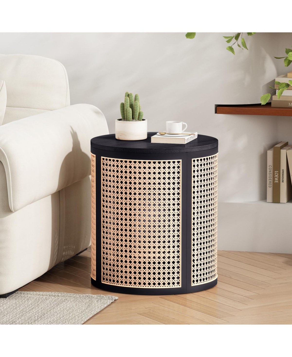 Streamdale Furniture 15.70" Round End Table, Woven Side Rubber Wood Nightstand, Rattan Tea Desk, Black