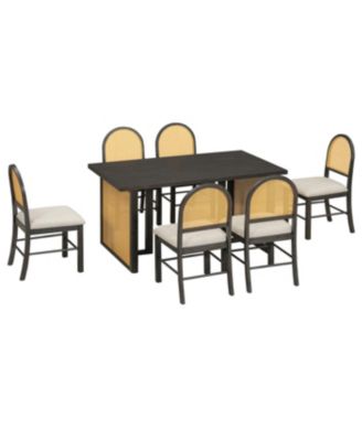 7-Piece Farmhouse Dining Set for 6 - 59.8" Distressed Oak Table & 6 Rattan Chairs