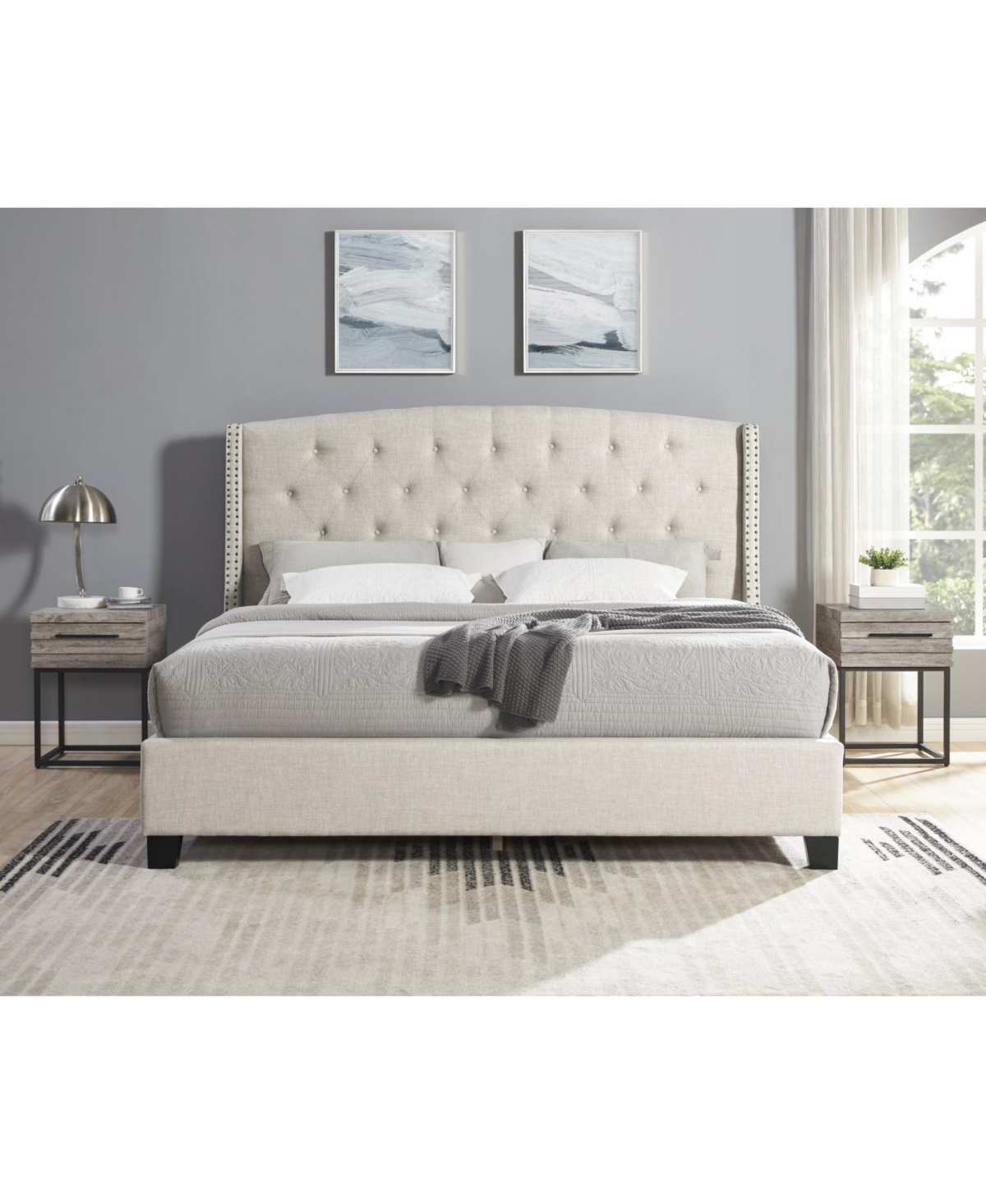 Streamdale Furniture Astral 3-Piece Bedroom Set: Tufted Wingback Bed & Two Gray Nightstands