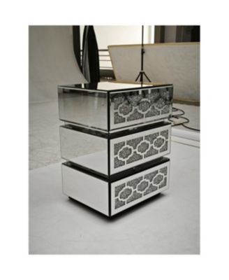 Mirrored Bedside Nightstand with 3 Drawers, Silver Accent End Table