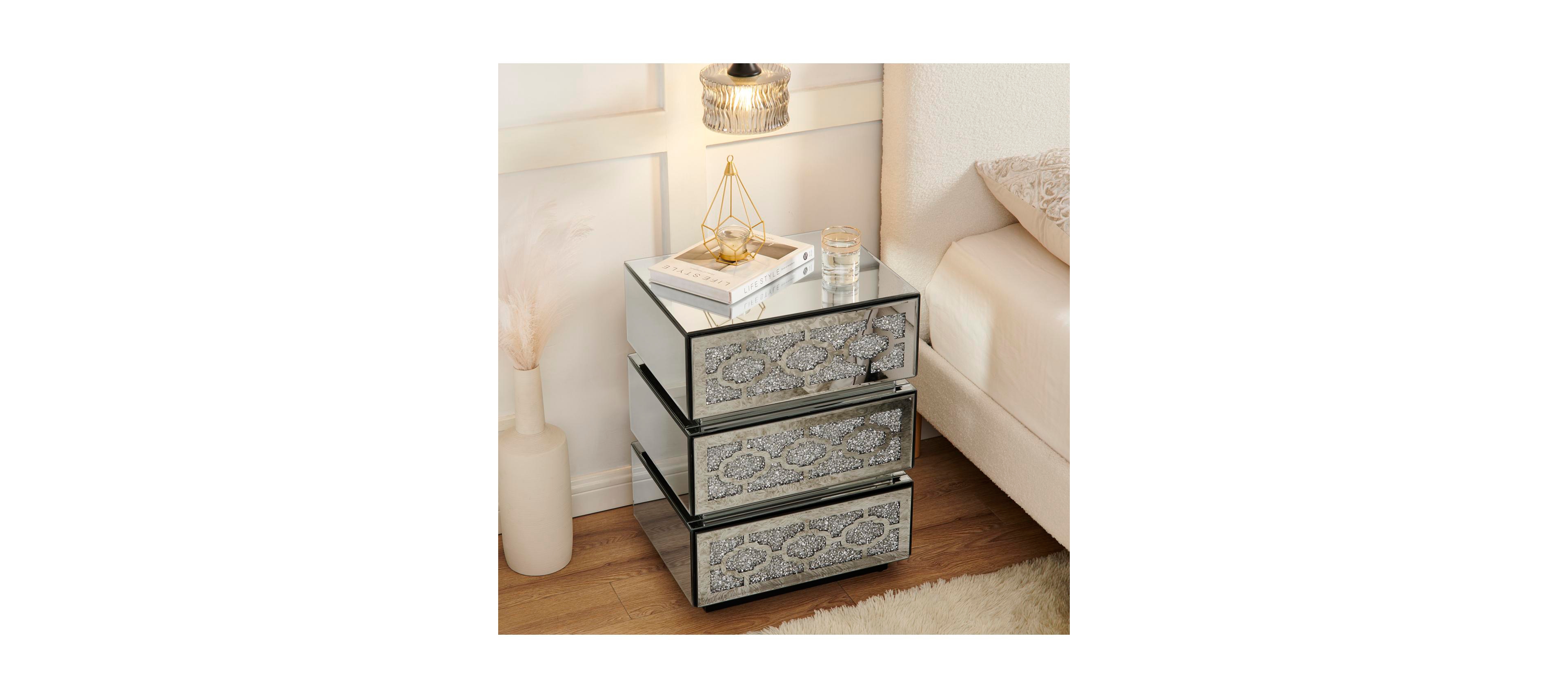Streamdale Furniture Mirrored Bedside Nightstand with 3 Drawers, Silver Accent End Table