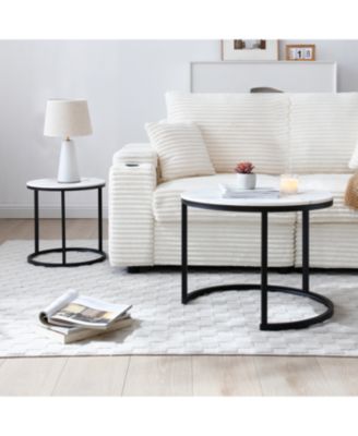  Set of 2 White/Gray Marble Pattern Nesting Coffee Tables with Black Frame