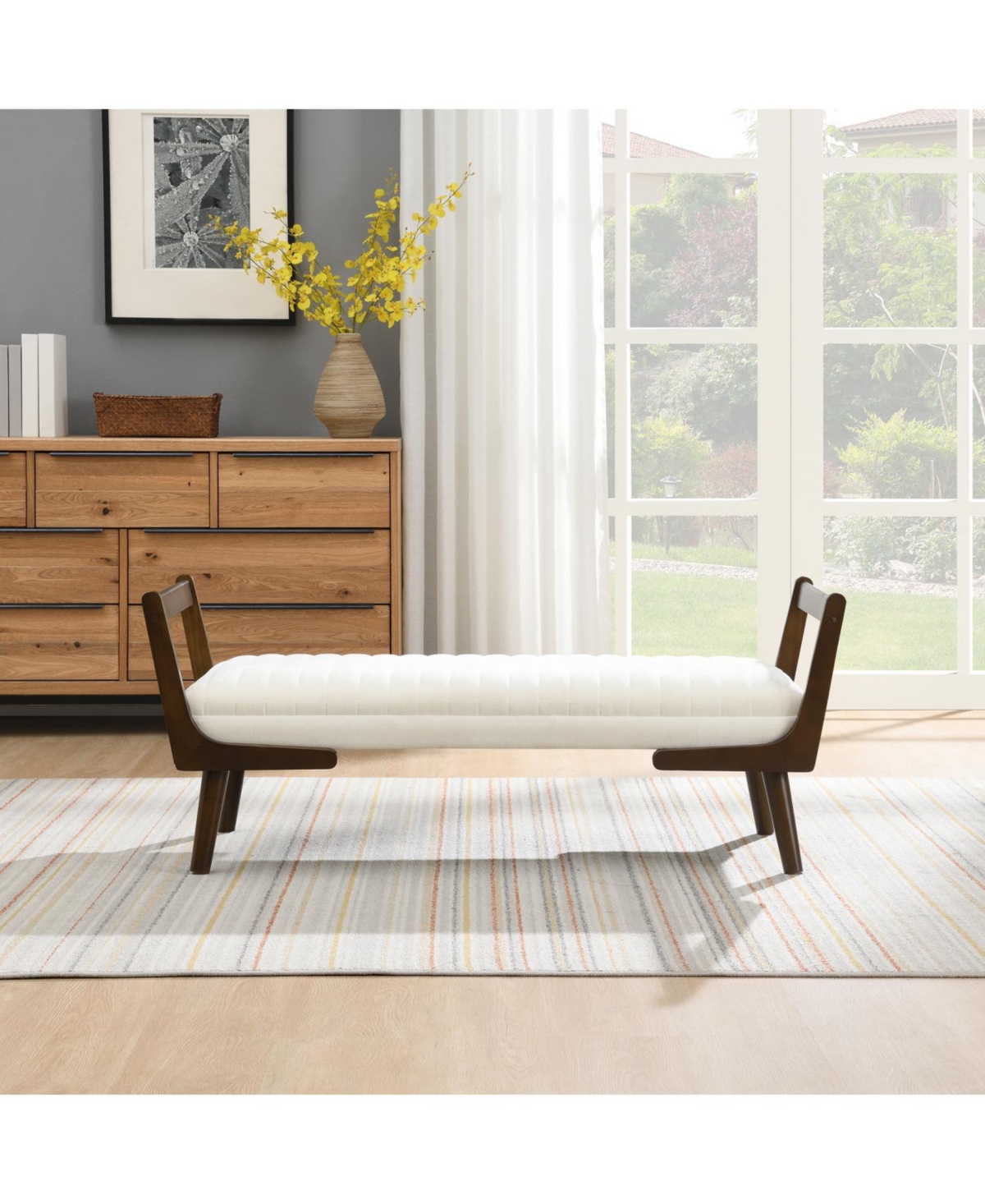 Streamdale Furniture 52" Mid Century Bench with Walnut Wood Leg, Channeled Upholstered Footrest Stool