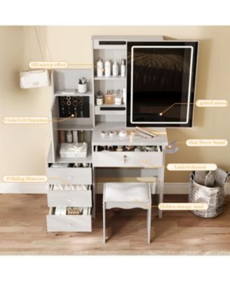  Vanity Desk Set with Lighted Mirror, 4 Drawers, 9 Storage Spaces & Stool, White