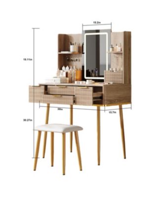 Streamdale 4-Drawer Vanity Desk with LED Mirror & Carved Details, Makeup Table with Stool