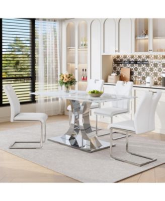  Luxury Modern 63" Dining Table Set w/ 4 Upholstered Chairs, White Glass Top, Steel Base