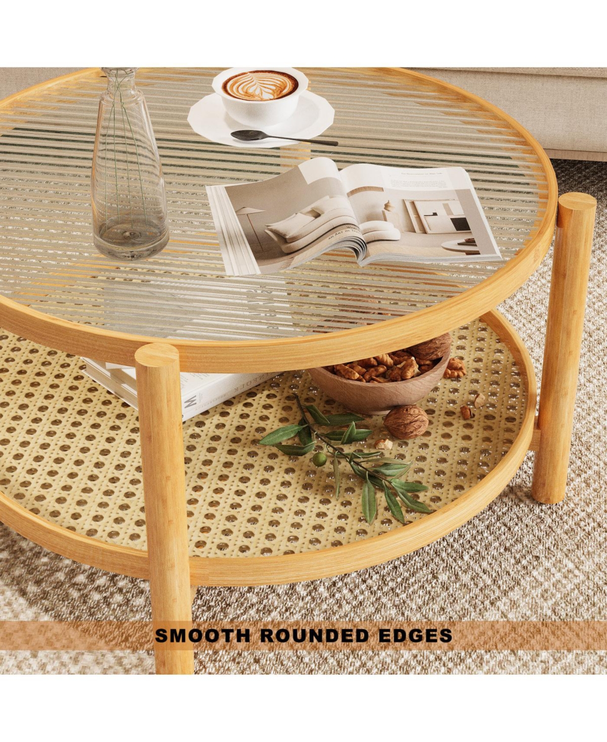 Streamdale Furniture Rattan Coffee Table with Glass Top and Storage Shelf, Modern Round