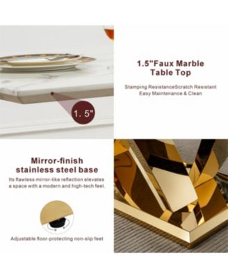  Marble Dining Table for 6, 70" Faux Marble Rectangle Table with Mirrored Stainless Steel Base (Gold, White)