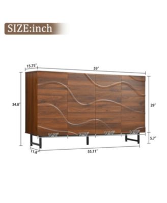 Modern Art Solid Wood Sideboard, 59"W, Wave Relief, Walnut Texture, Iron Legs