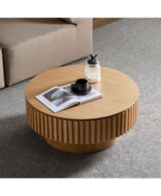 Round Wood Coffee Table with Storage (ASH