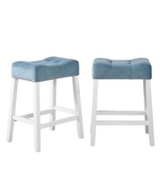  Morovo Set of 2 Velvet Counter Height Stools, Tufted Saddle Seats, Blue