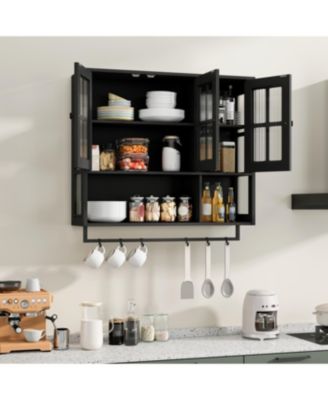  Bathroom Wall Cabinet, 3-Door Wooden Cabinet with Open/Hidden Storage, Black