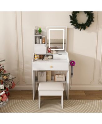 Streamdale 3-Color LED Vanity Mirror with Stool & Pink Dressing Table, 2 Drawers, 5 Cabinets