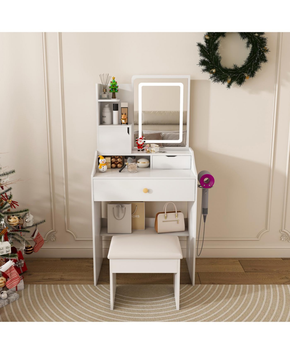 Streamdale Furniture Streamdale 3-Color Led Vanity Mirror with Stool & Pink Dressing Table, 2 Drawers, 5 Cabinets