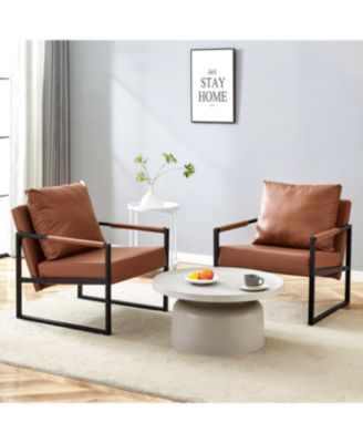  Classic Brown PU Leather & Metal Sofa