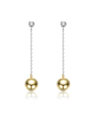 Sterling Silver Two-Tone White Gold Plated & 14K Gold Plated with Clear Cubic Zirconia Sphere Drop Earrings