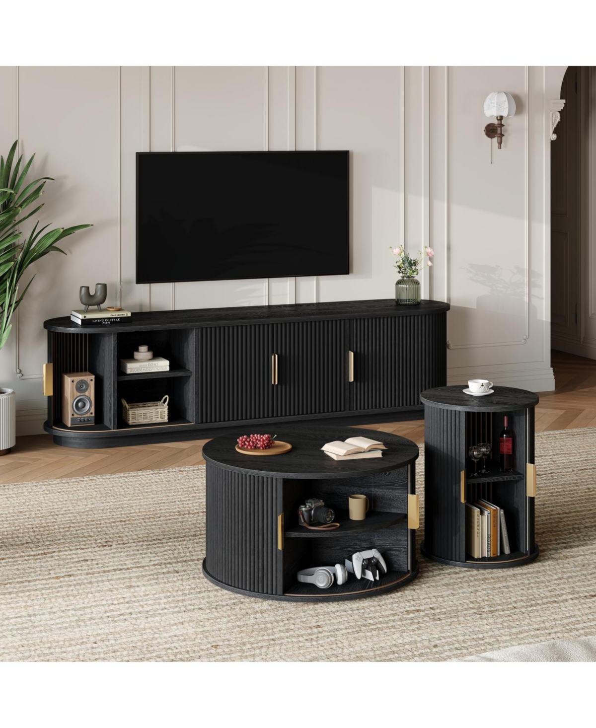 Streamdale Wooden Tv Stand & Coffee Table Set with Fluted Doors, Golden Handles, Black