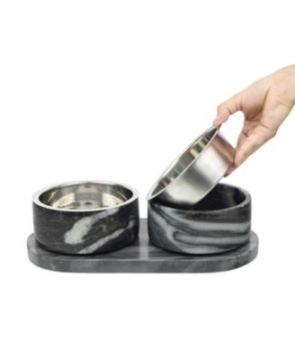 Marbre Small/Medium Modern Weighted Double Marble and Stainless Steel Bowl 12oz (1.5 Cups) Feeder with Non-Slip Marble Tray Set