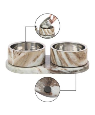 Marbre Small/Medium Modern Weighted Double Marble and Stainless Steel Bowl 12oz (1.5 Cups) Feeder with Non-Slip Marble Tray Set